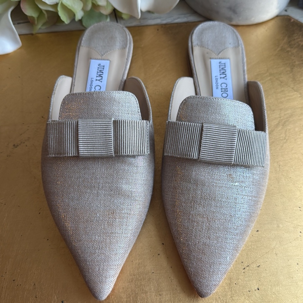 Jimmy Choo Beige Metallic Canvas Galaxy Bow Flat Mules